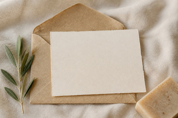 Montara gift card resting on a handmade paper envelope with olive leaves and a soap bar